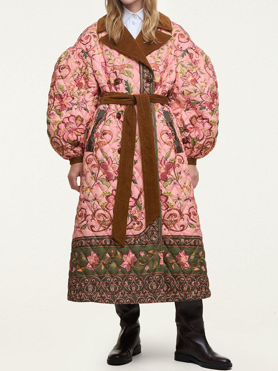Printed Wide Lape Belted Long Coat