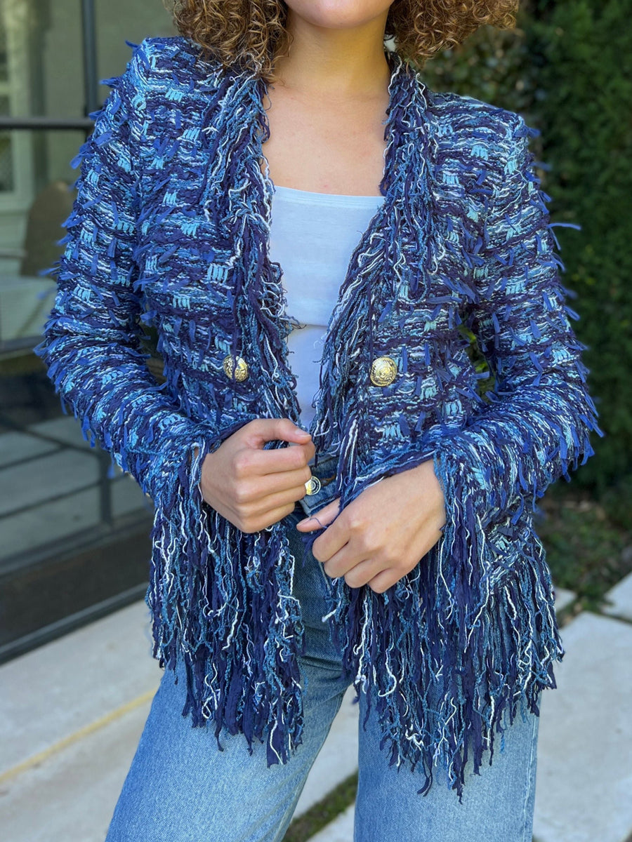 Open Front Tweed Pattern Fringe Jacket