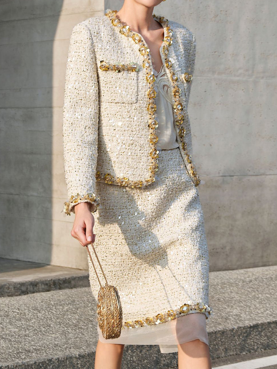 Sequin Tweed Jacket & Mesh-Hem Skirt