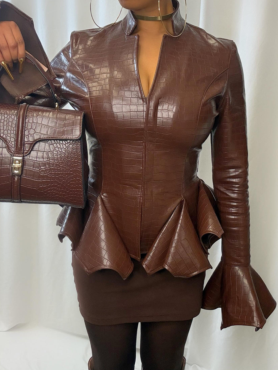 Faux Crocodile Leather Flared Cuffs Jacket