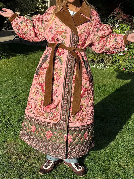 Printed Wide Lape Belted Long Coat