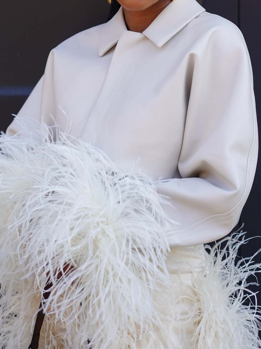 Feather Decoration Fashion Cropped Blazer & Pants