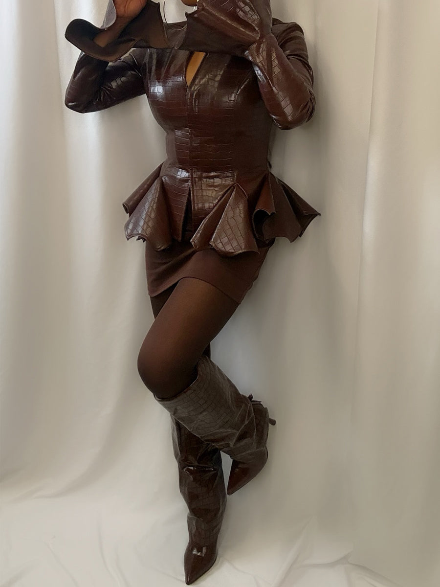 Faux Crocodile Leather Flared Cuffs Jacket