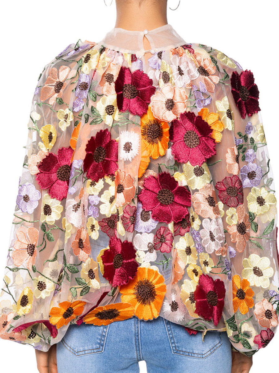 Tulle Mesh Embroidered Print Top