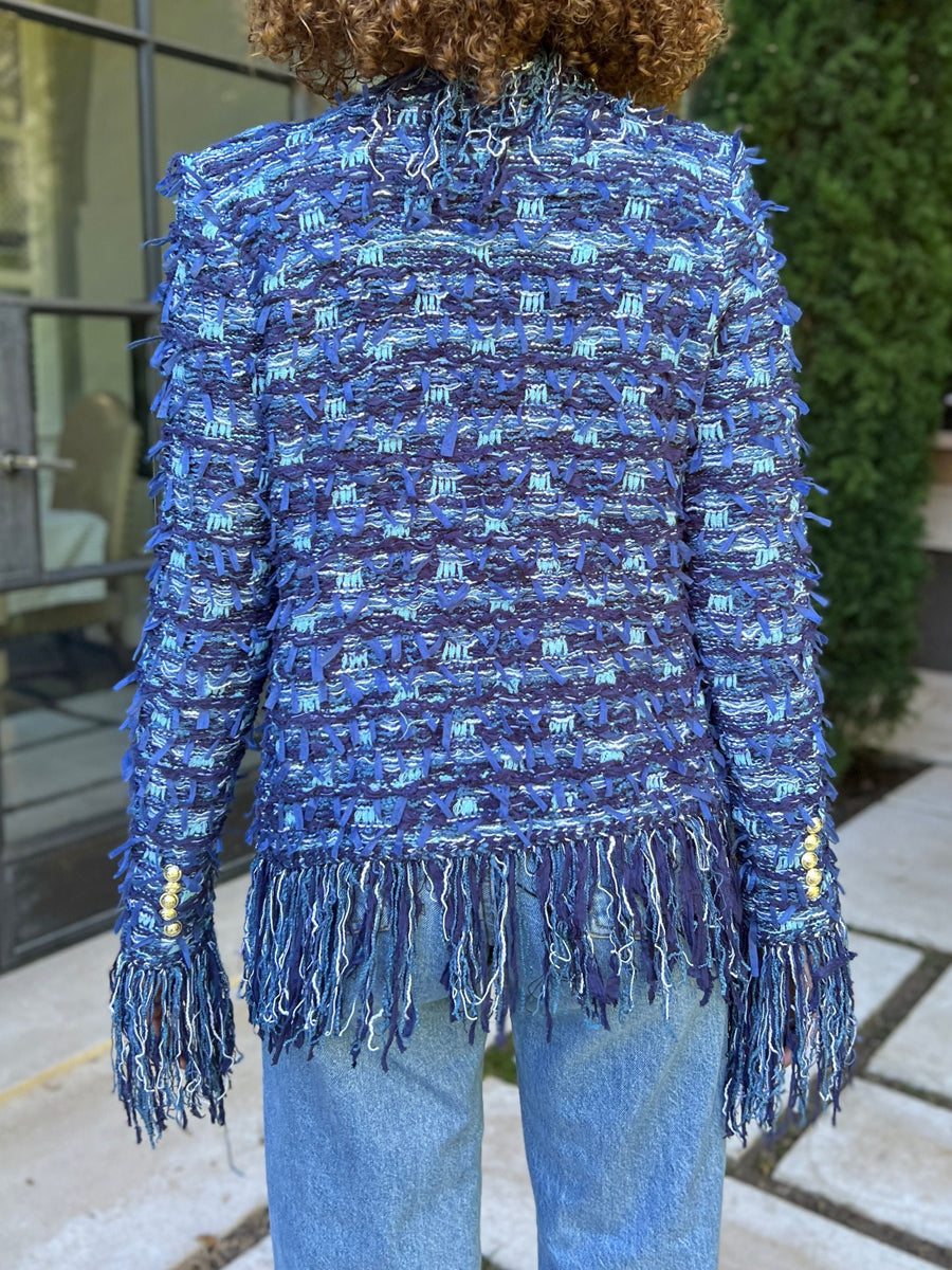 Open Front Tweed Pattern Fringe Jacket