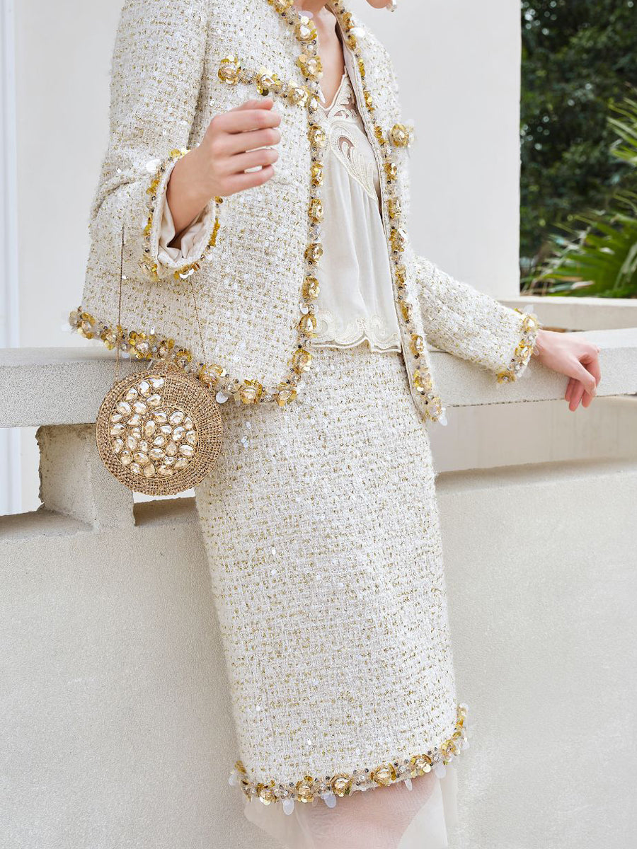 Sequin Tweed Jacket & Mesh-Hem Skirt