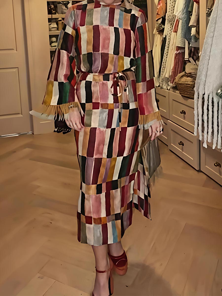 Tassel-Trim Cuff Printed Maxi Dress