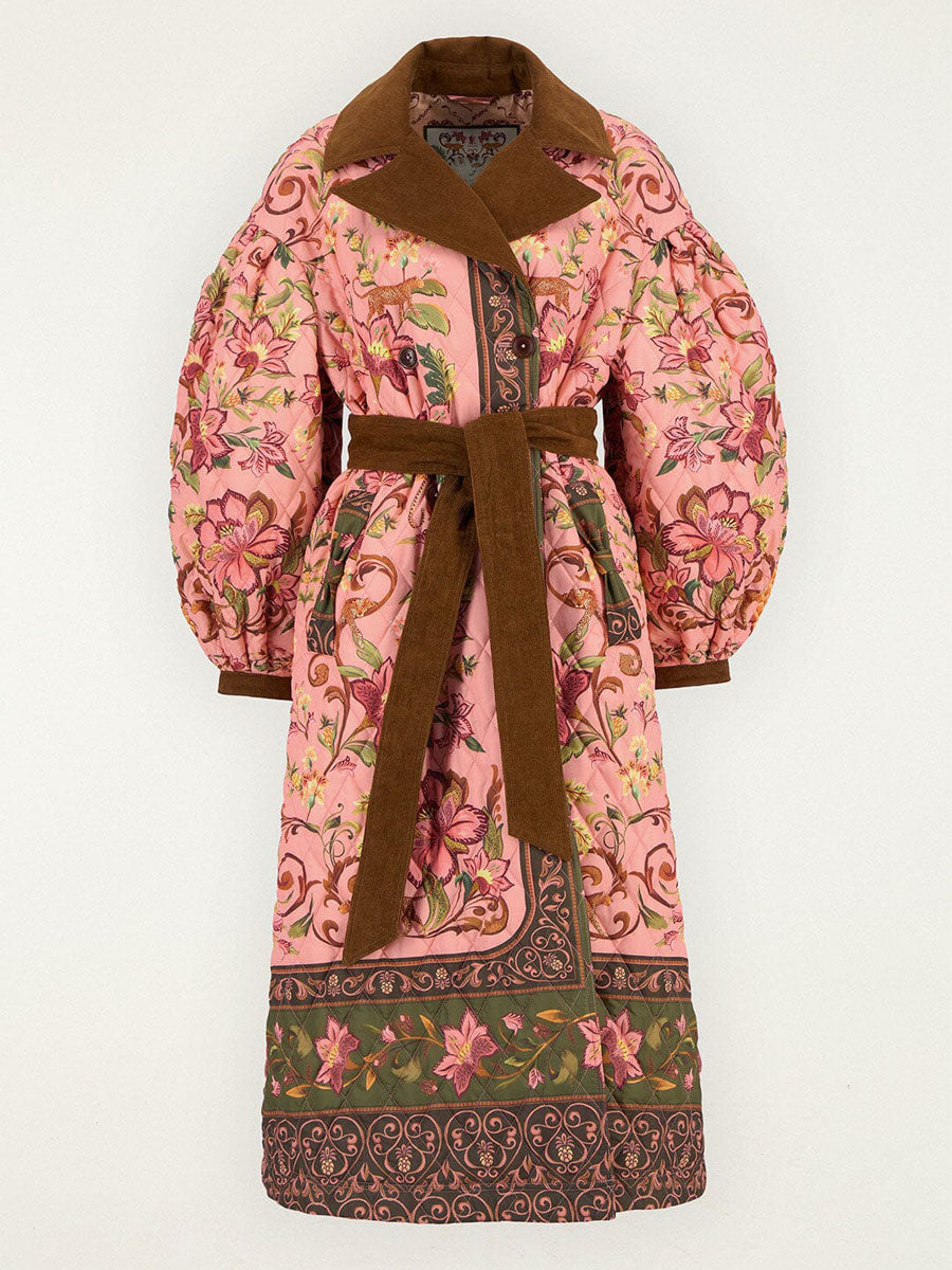 Printed Wide Lape Belted Long Coat
