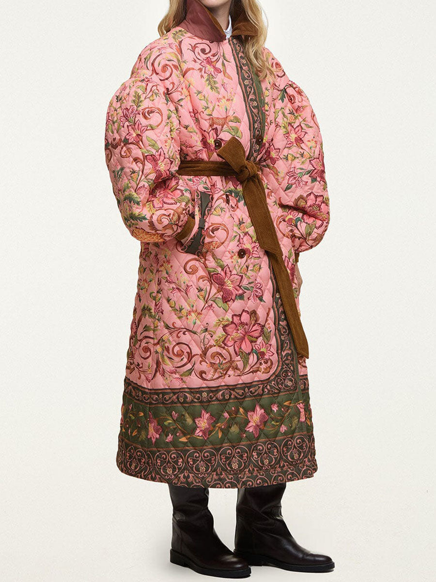 Printed Wide Lape Belted Long Coat