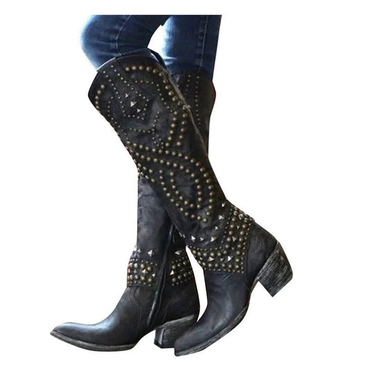 women's rivet long boots chunky heels