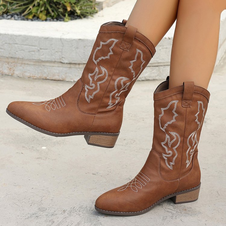 Embroidered block-heel pointed-toe mid-calf boots