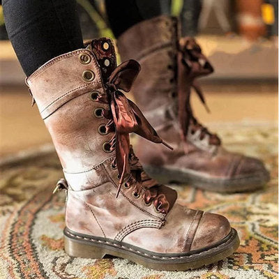 Women's mid-high lace-up low-heeled flat combat boots