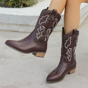 Embroidered block-heel pointed-toe mid-calf boots