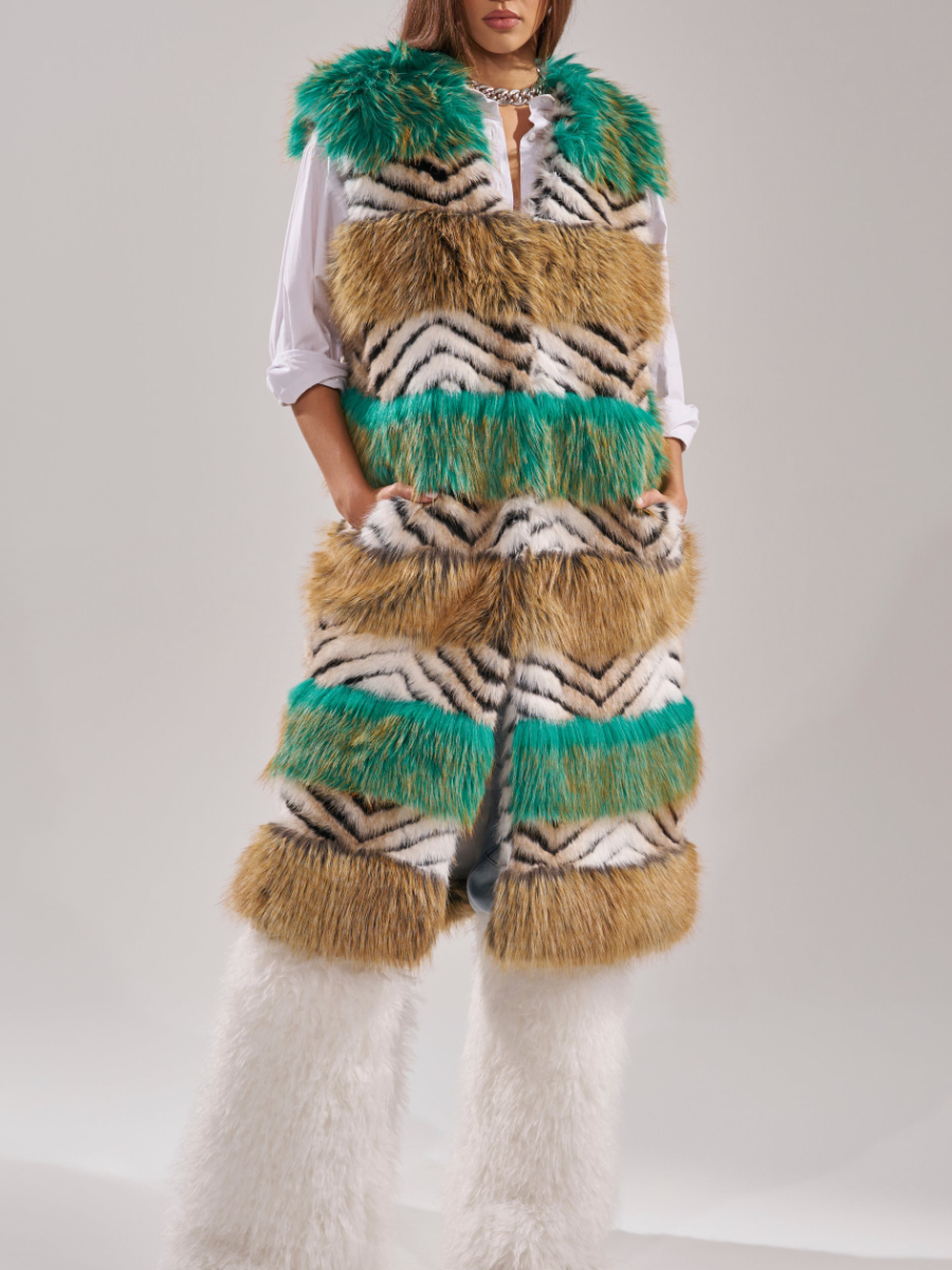 Faux Fur Multicolor Striped Sleeveless Coat