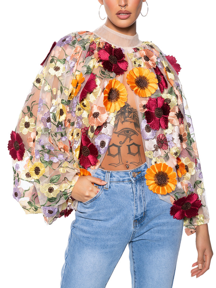 Tulle Mesh Embroidered Print Top