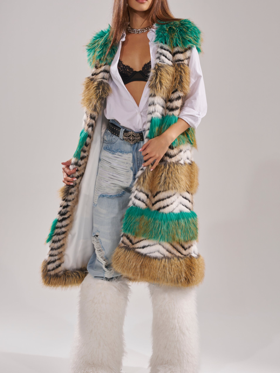 Faux Fur Multicolor Striped Sleeveless Coat