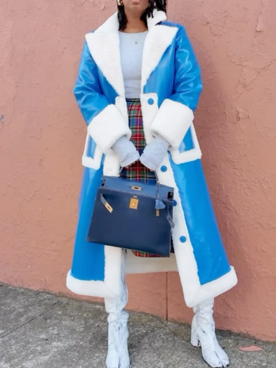 Patent Leather Plush-Trim Coat