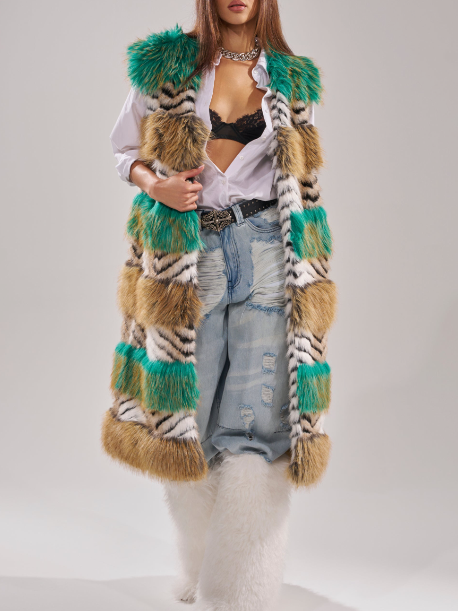 Faux Fur Multicolor Striped Sleeveless Coat