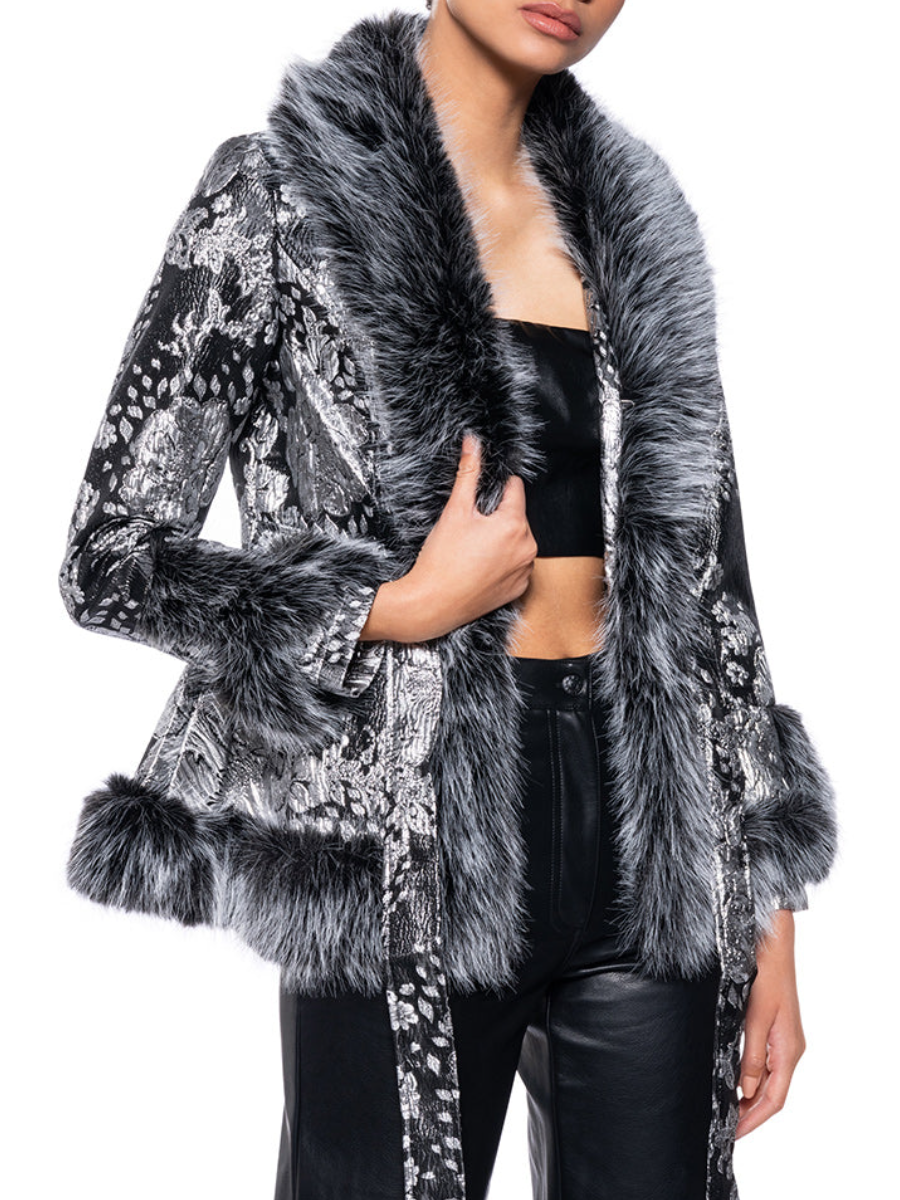 Faux Fur Trim Metallic Floral Coat